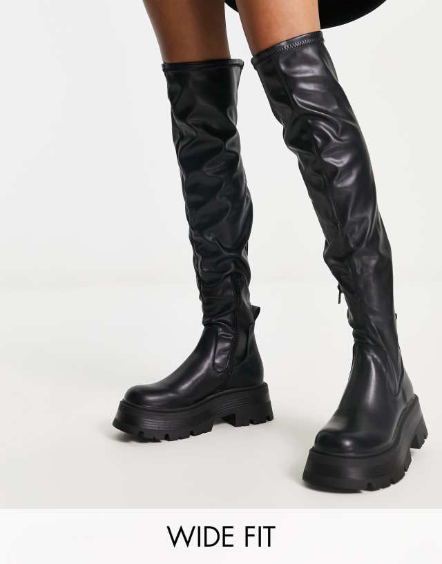 Pull&Bear wide fit thigh high chunky wellie boot in black