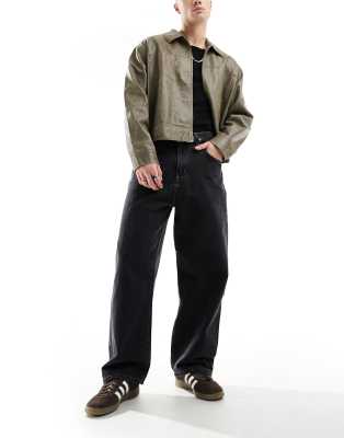 Pull & Bear Wide Leg Baggy Jeans In Washed Black-brown