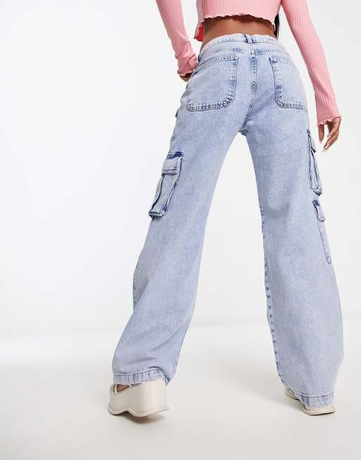 Pull&Bear wide leg cargo jeans with pocket detail in washed blue, 2 of 5