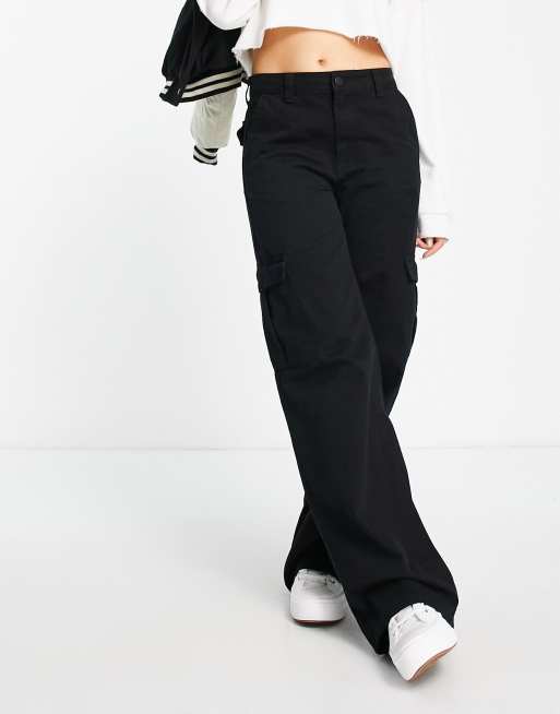 Pull&Bear wide leg cargo pants in black