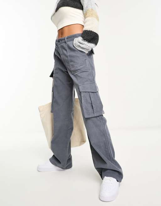 Pull&Bear wide leg cord cargo pants in gray