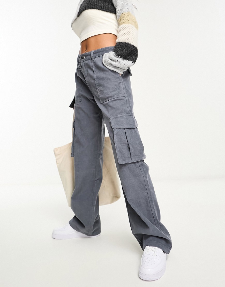 Pull & Bear wide leg cord cargo trouser in grey