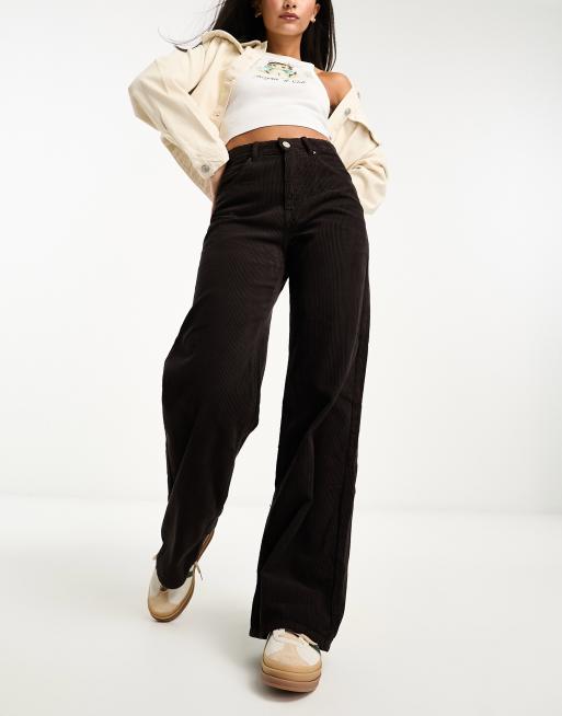 Pull&Bear wide leg cord pants in chocolate brown