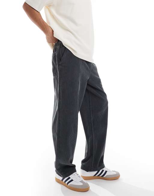 Pull&Bear wide leg corduroy  trouser in dark grey