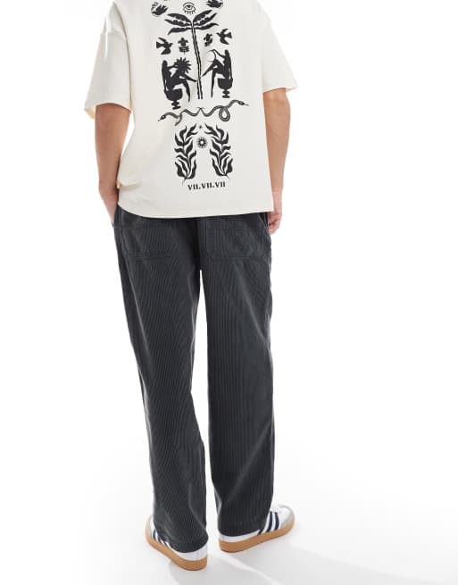 Pull&Bear wide leg corduroy  trouser in dark grey