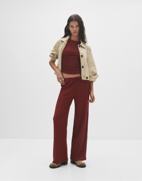 Pull&Bear Wide-leg crepe trousers in burgundy