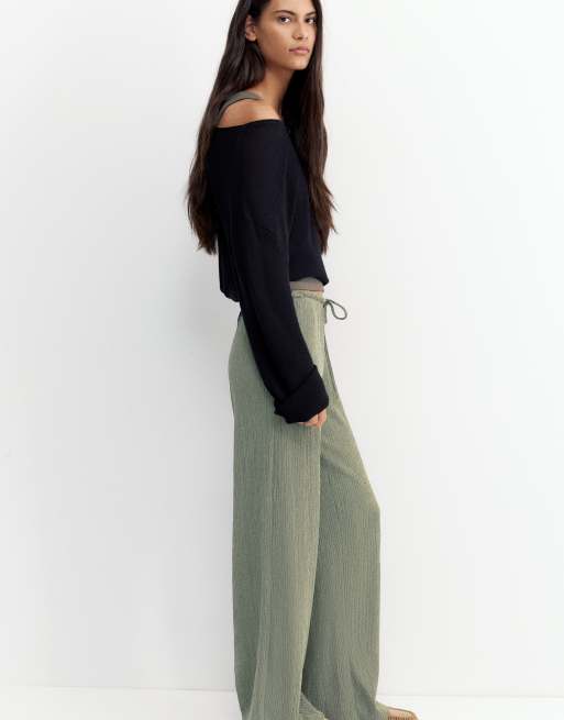 Pull&Bear Wide-leg crepe trousers in khaki, 5 of 6