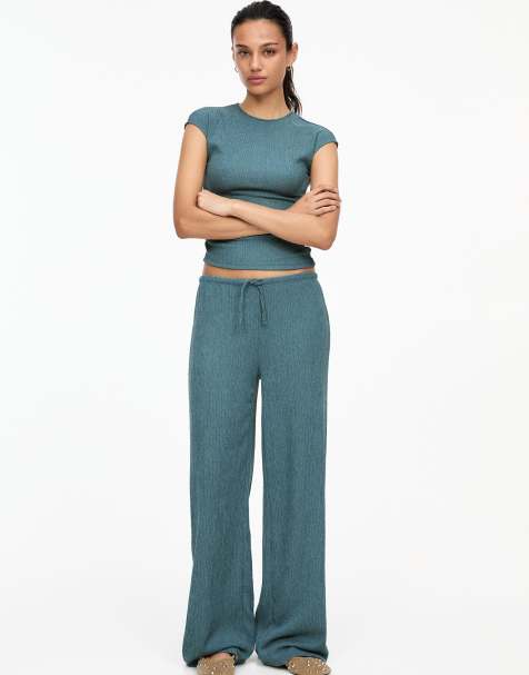 Pull&Bear wide leg crepe trousers in mid blue - view 1