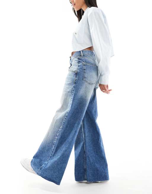 Pull&Bear wide leg crossed waistband jean in medium blue ASOS