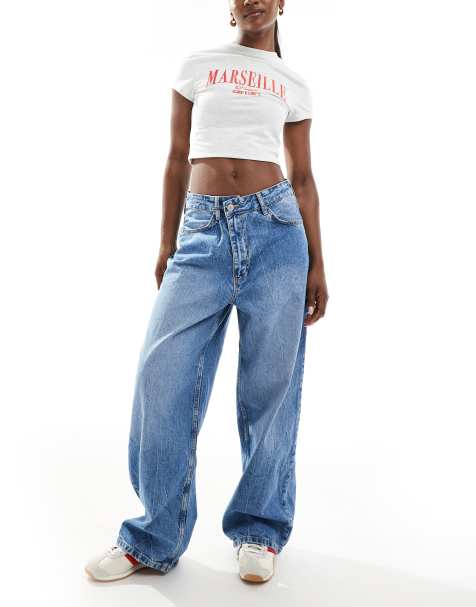 Pull&Bear wide leg crossed waistband jean in medium blue - view 1