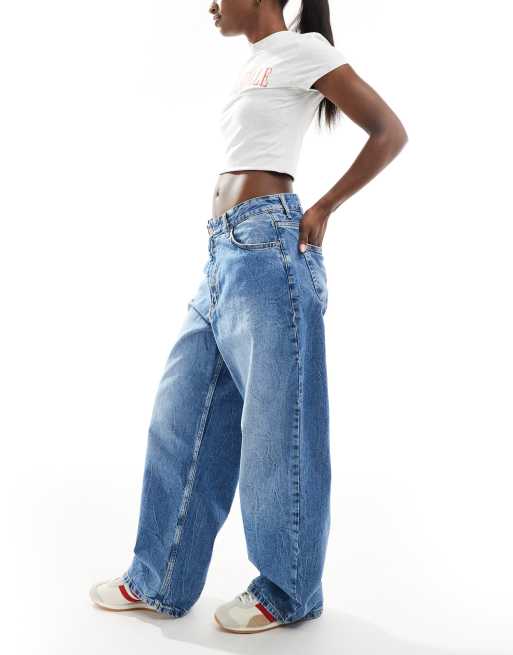 Pull&Bear wide leg crossed waistband jean in medium blue