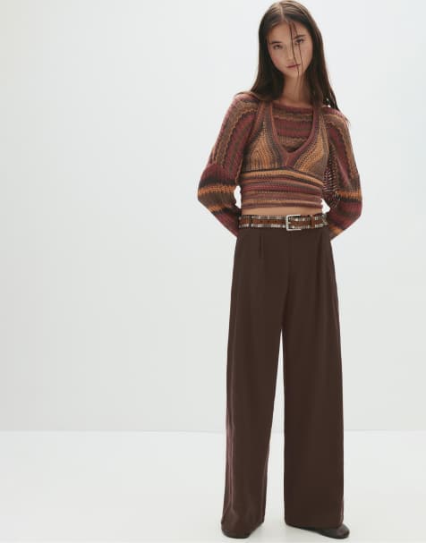 Pull&Bear Wide-leg darted pants in brown - view 1