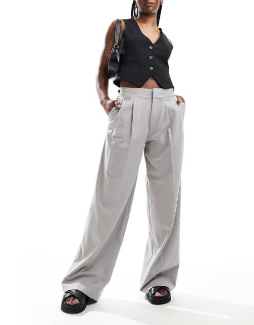 Pull&Bear wide leg double pleat tailored pants in gray