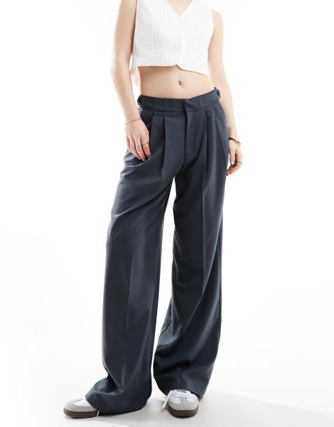 Pull&Bear wide leg double pleat tailored pants in navy - view 1
