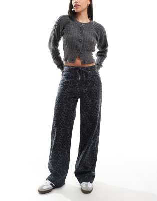 wide leg jean in gray leopard print-Brown