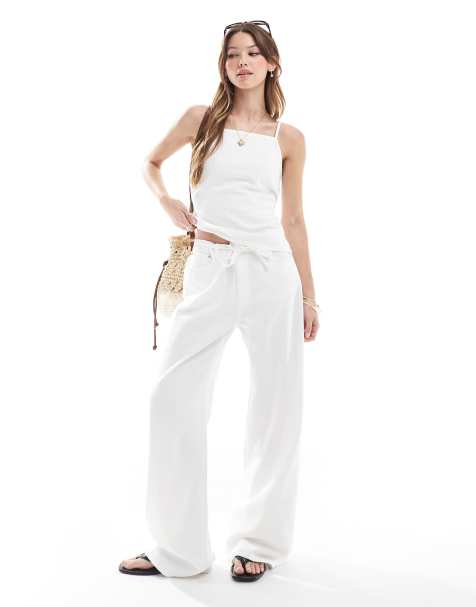 Pull&Bear wide leg jean with tie waist detail co-ord in white - view 1