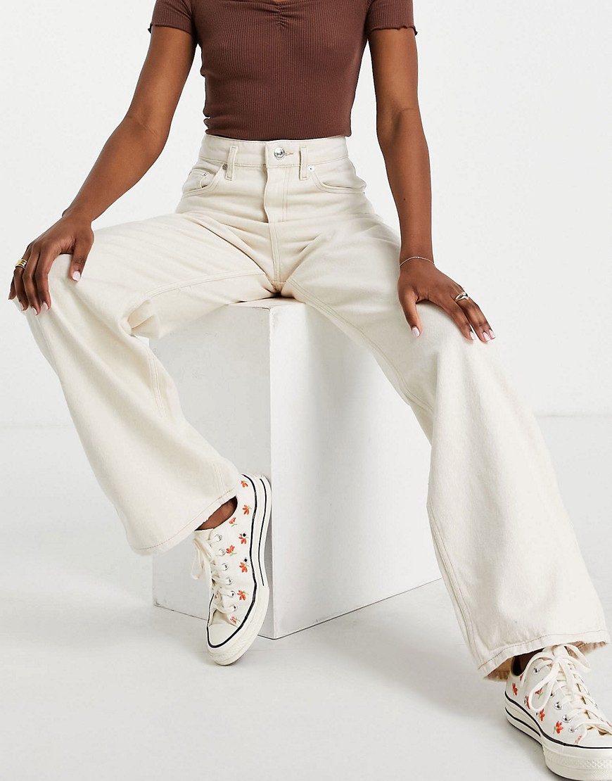 Pull & Bear Wide Leg Jeans In Ecru With Top Stitching-brown