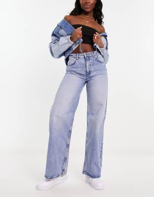 Pull&Bear wide leg jeans in mid blue