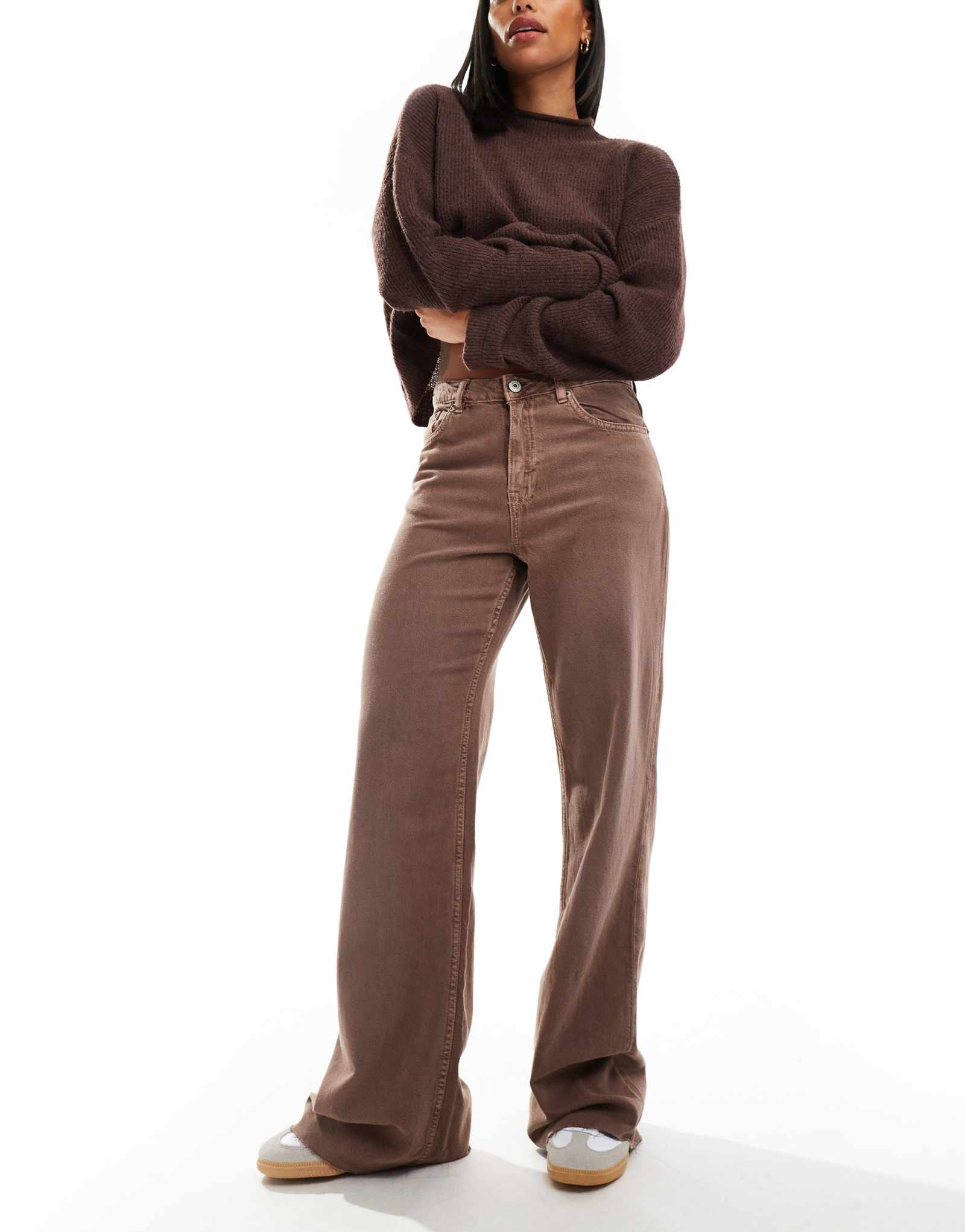 Джинсы с широкими штанинами Pull-Bear цвета постиранный бордовый