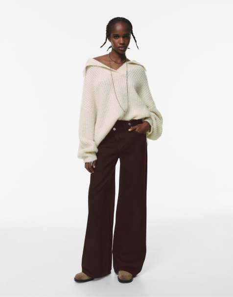 Pull&Bear Wide leg jeans with crossover waistband in brown