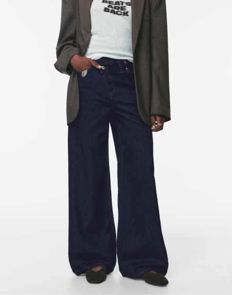 Pull&Bear Wide leg jeans with crossover waistband in navy