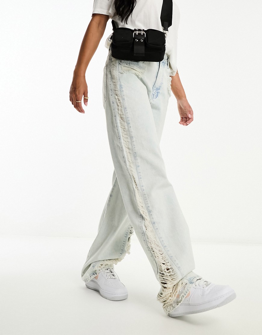 Pull & Bear wide leg jeans with distressed side detail in light bleached blue - part of a set