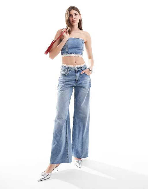 Pull&Bear wide leg jeans with lace trim in medium blue (part of a set)