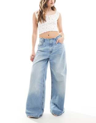 Pull & Bear Wide Leg Jeans With Raw Waistband In Blue