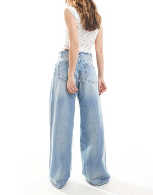 Pull&Bear wide leg jeans with raw waistband in medium blue