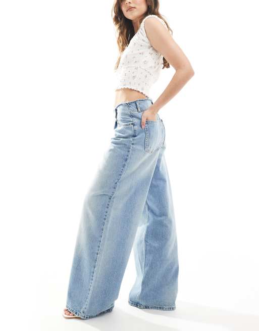 Pull&Bear wide leg jeans with raw waistband in medium blue