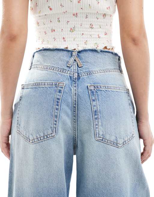 Pull&Bear wide leg jeans with raw waistband in medium blue