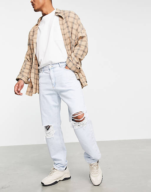 Pull&Bear wide leg jeans with rips in blue