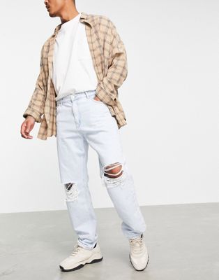 Pull&Bear wide leg jeans with rips in light wash