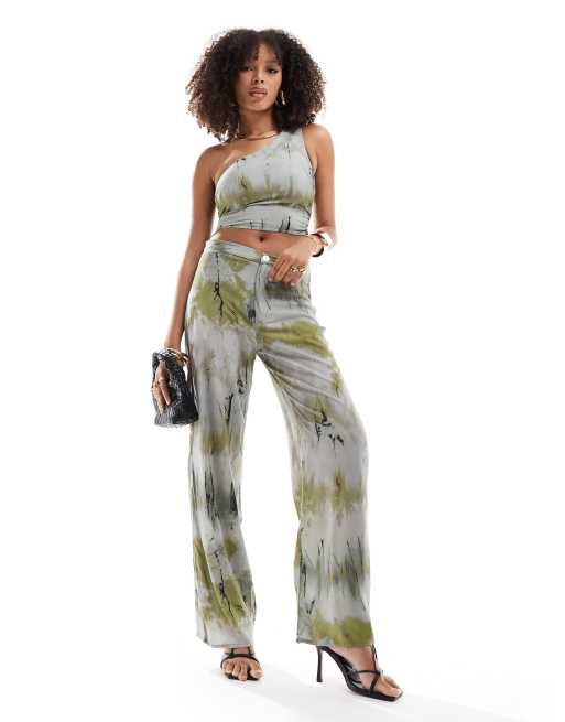 Pull&Bear wide leg pants in brown tie dye print (part of a set)