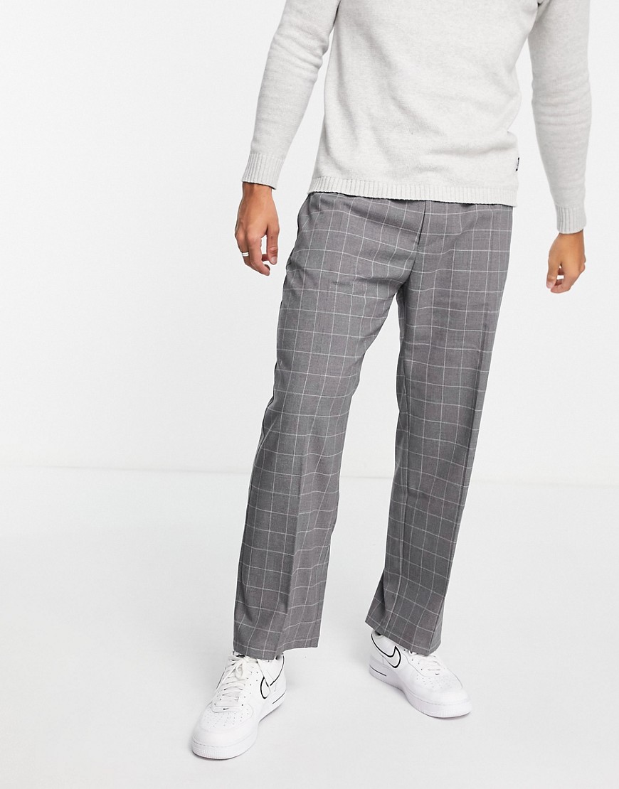 PULL & BEAR WIDE LEG PANTS IN GRAY CHECK,8676917809