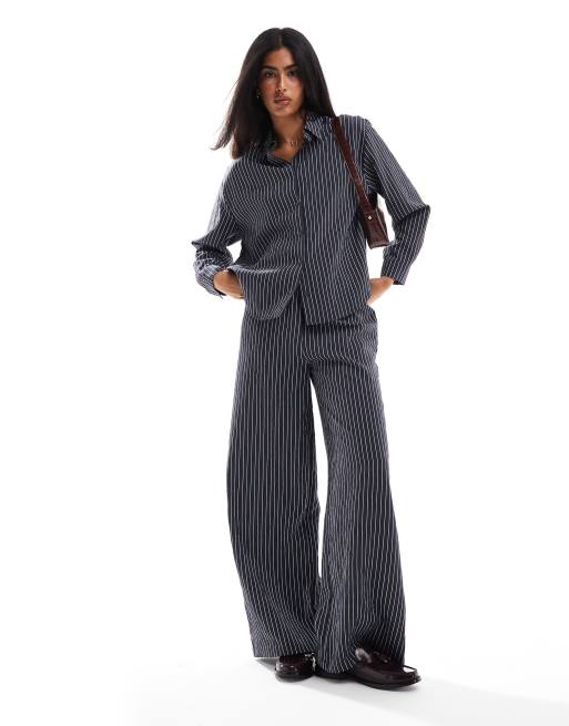 Pull&Bear wide leg pants in navy pinstripe - part of a set