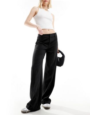 Pull&Bear wide leg pinstriped tailored trouser with contrast edge in black