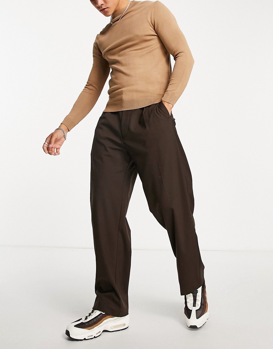 Pull & Bear wide leg pleated pants in brown