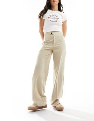 Pull & Bear Wide Leg Pleated Tailored Pants In Beige-brown