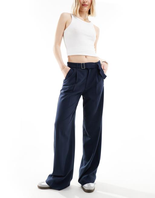 Pull&Bear wide leg pleated tailored pants with belt in navy blue