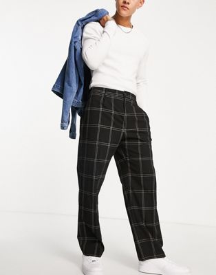 Pull&Bear wide leg pleated trousers in black check