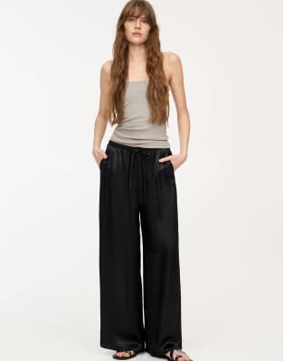 wide leg satin sweatpants in black