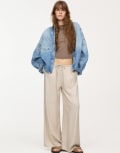 [Pull & Bear] Pull & Bear wide leg satin trackies in beige-Neutral L BEIGE