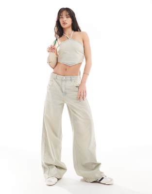 Pull&Bear Pull&Bear wide leg skater jean co-ord in dirty washed sand-Neutral