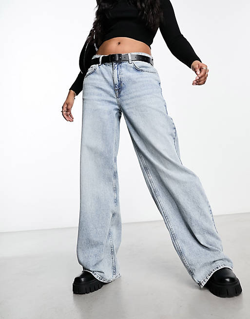 Pull&Bear wide leg slouch jean in washed blue | ASOS