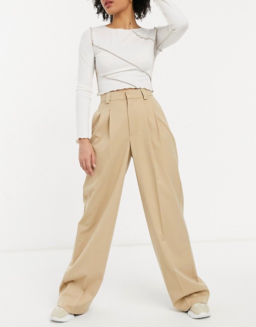 Pull&Bear wide leg slouchy trousers in brown