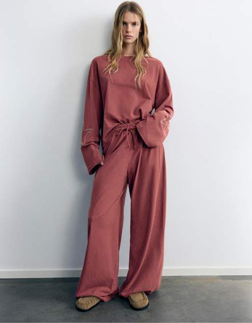 Pull&Bear jersey set in burgundy, 2 of 3