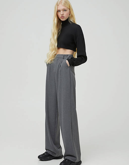 Pull&Bear wide leg tailored dad pants in gray