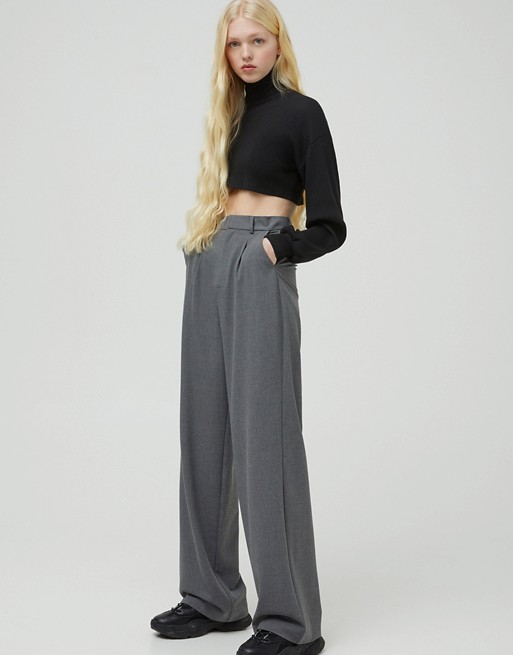 Pull&Bear wide leg tailored  dad trousers in grey