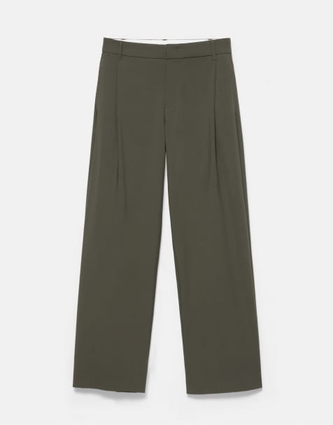 Pull&Bear wide leg tailored darted trousers in khaki - view 1
